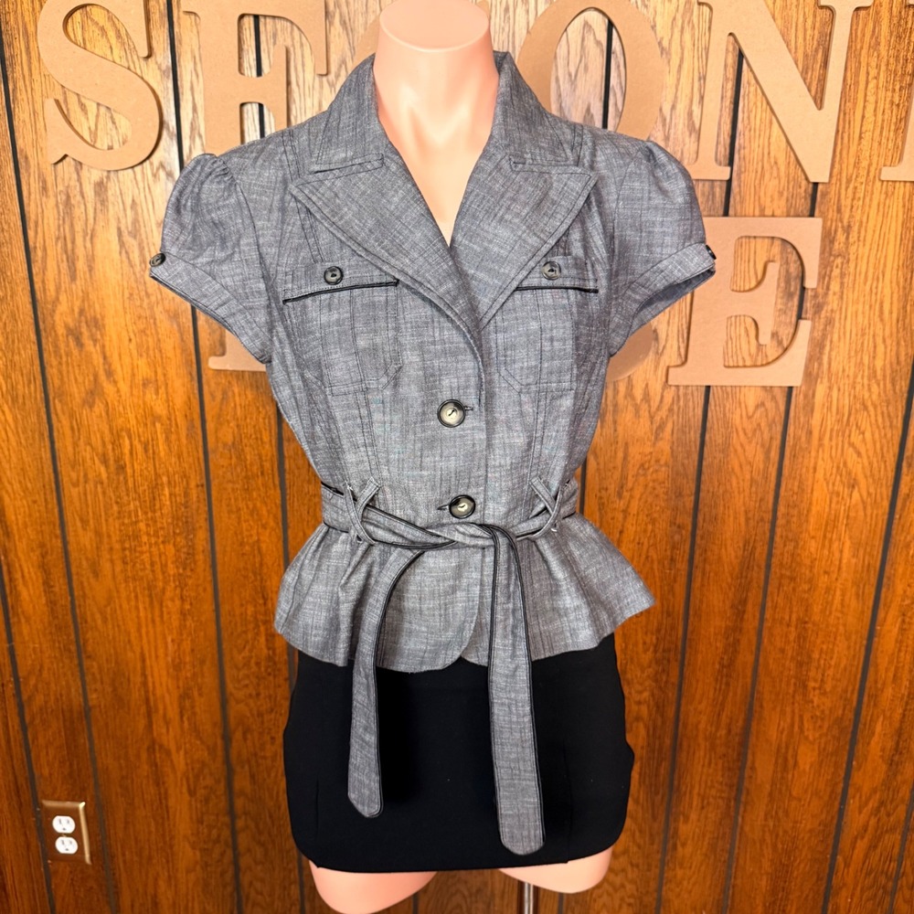 Grey Y2K Office Siren Short Sleeve Blazer IZ Byer California Women L Belted Work